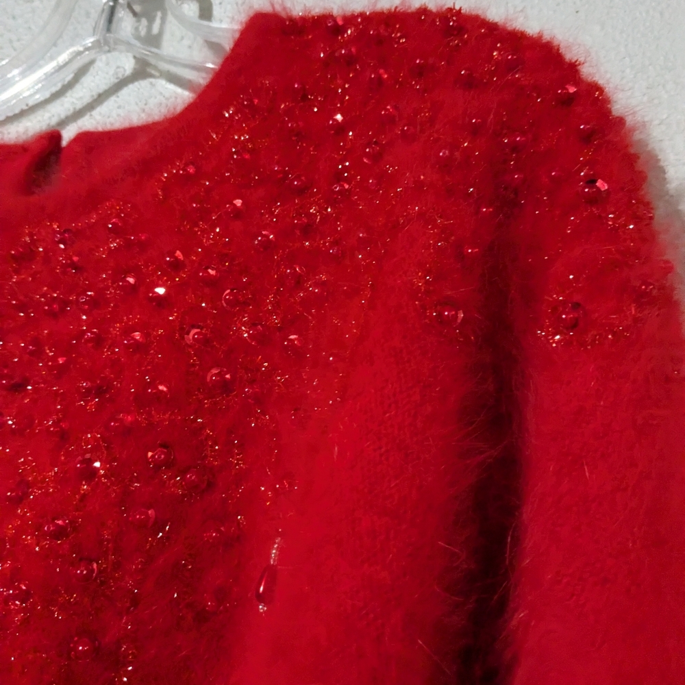 Vintage 80% Angora Blend Sweater Womens Large Beaded Red Soft EUC